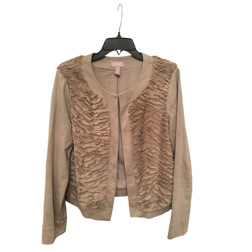 Chico’s Textured Ruffle Front Jacket Sz 2 Tan Neutral Elegant Layering Chic